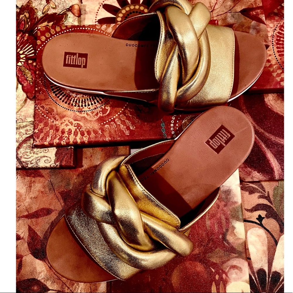 NWT FitFlop gold REAL leather Artisan FITFLOP braid front knot slides podiatric - Picture 2 of 16